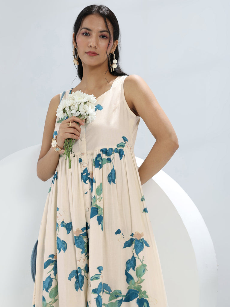 Libas Off-White Printed Cotton A-Line One-Piece Dress