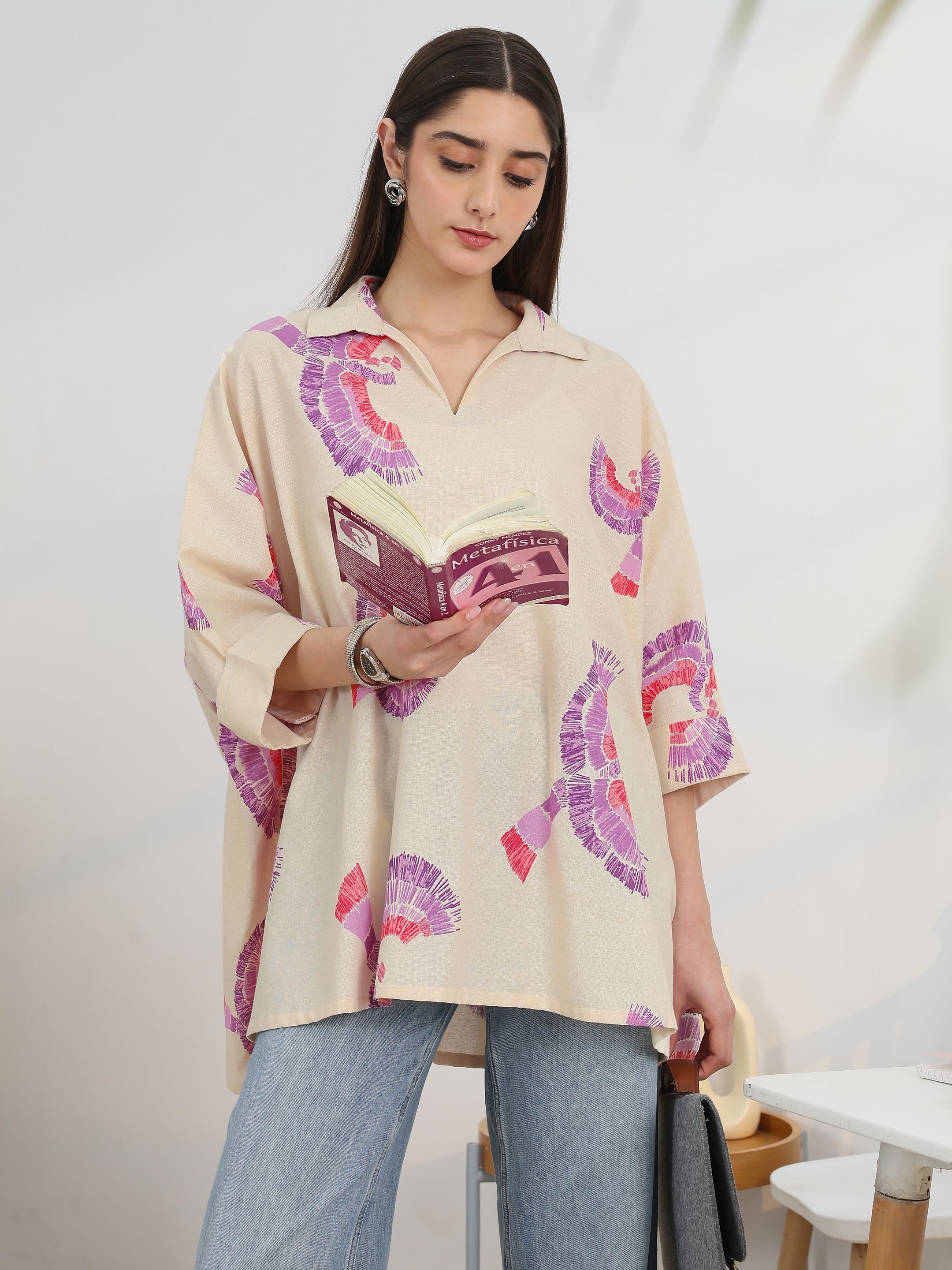 Off White Printed Cotton A-Line Short Kurti