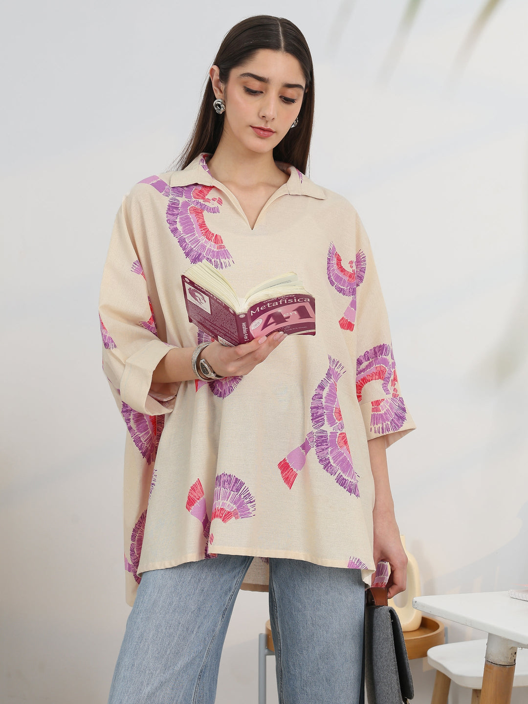 Off White Printed Cotton A-Line Short Kurti