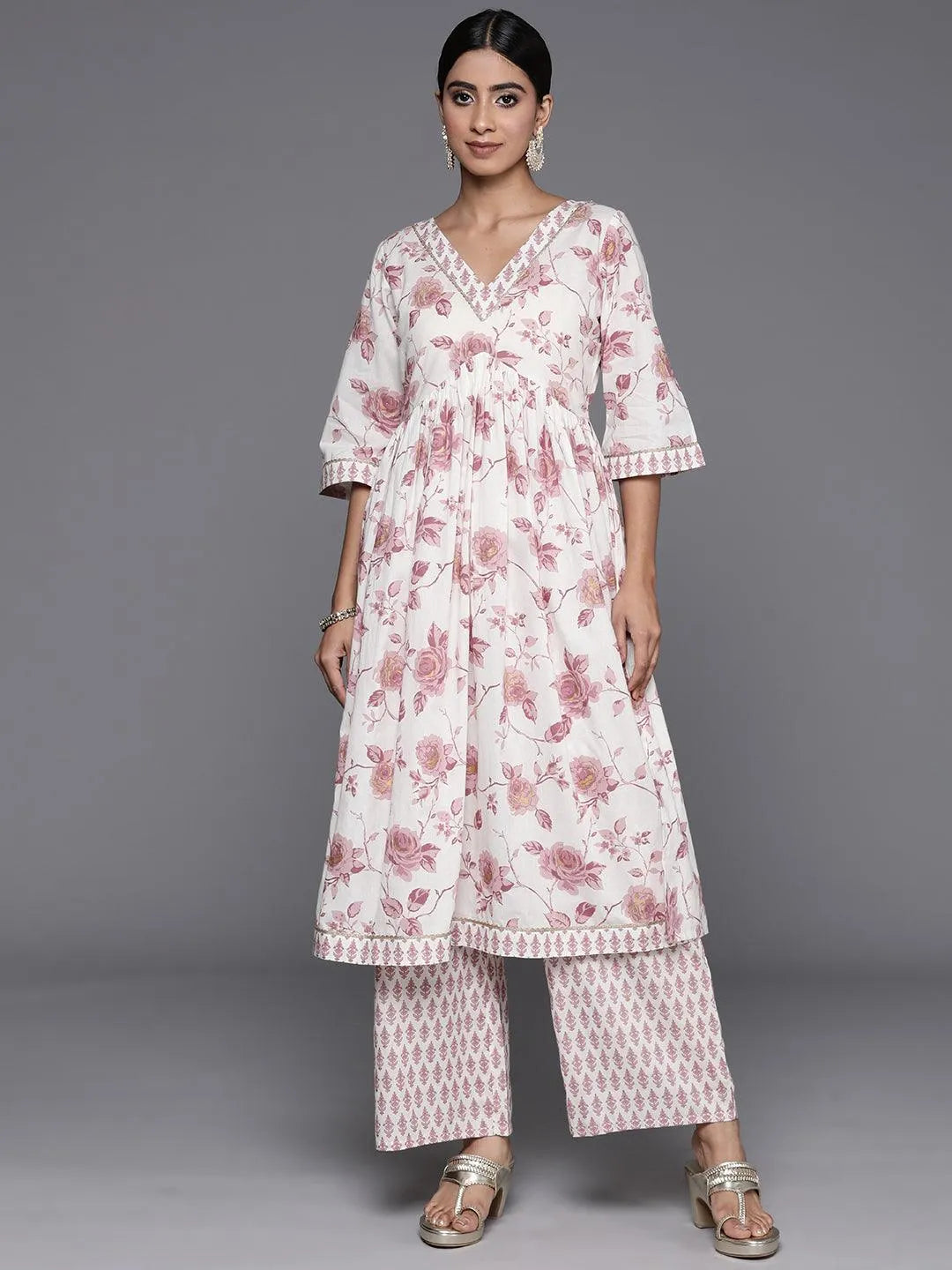 Off White Printed Cotton Anarkali Kurta With Palazzos - Libas