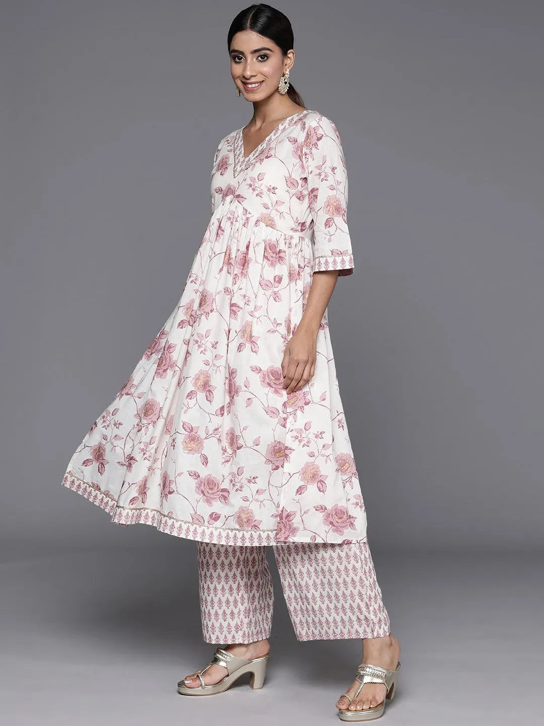 Off White Printed Cotton Anarkali Kurta With Palazzos - Libas