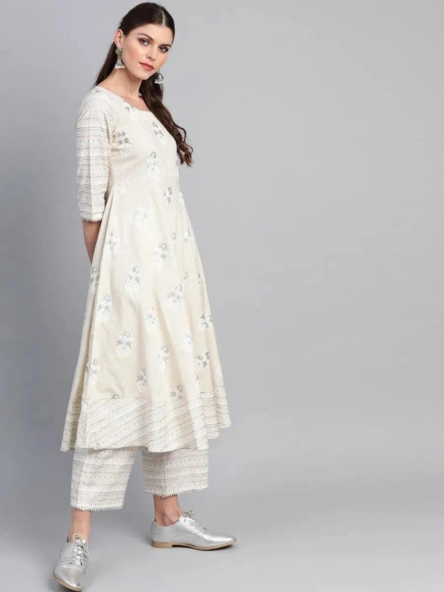 Off-White Printed Cotton Kurta Set - Libas