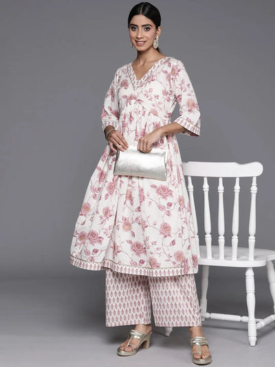 Off White Printed Cotton Anarkali Kurta With Palazzos - Libas