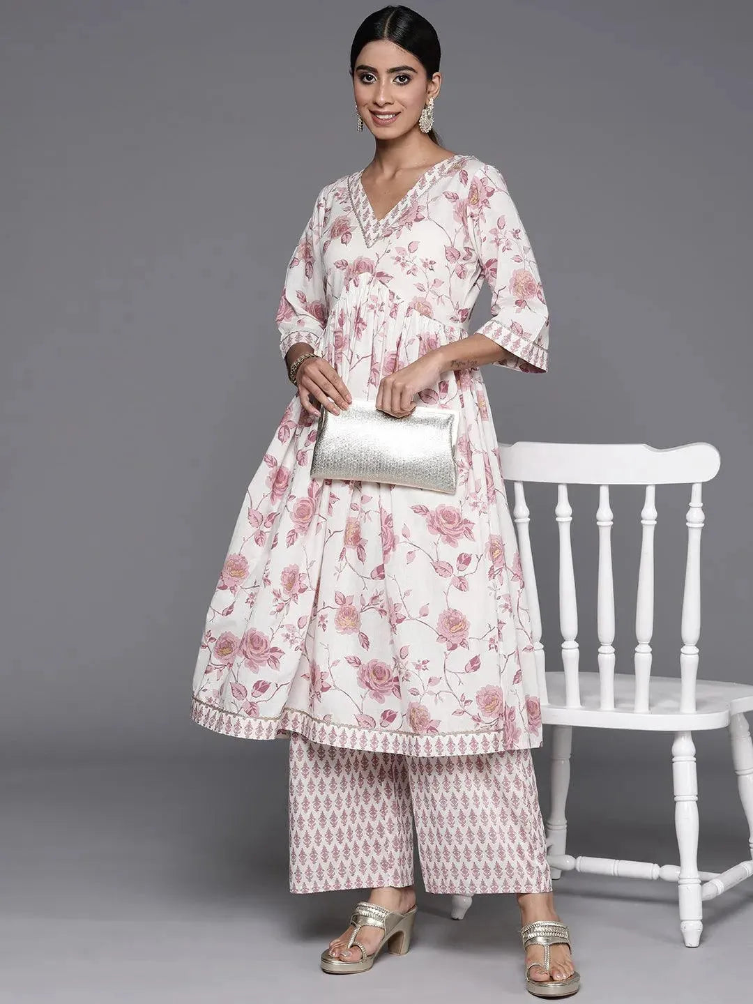  Off White Printed Cotton Anarkali Kurta Set 
