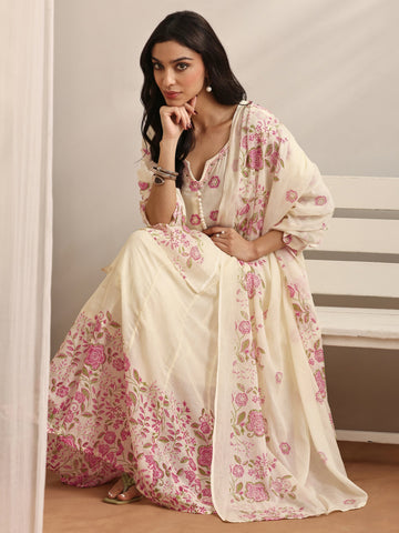 Off white Printed Cotton Anarkali Suit Set With Dupatta