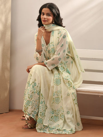 Off white Printed Cotton Anarkali Suit Set With Dupatta