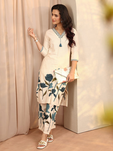 Off White Floral Printed Cotton Blend Co-Ord Set