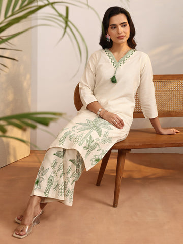 Off White Printed Cotton Blend Co-Ord Set