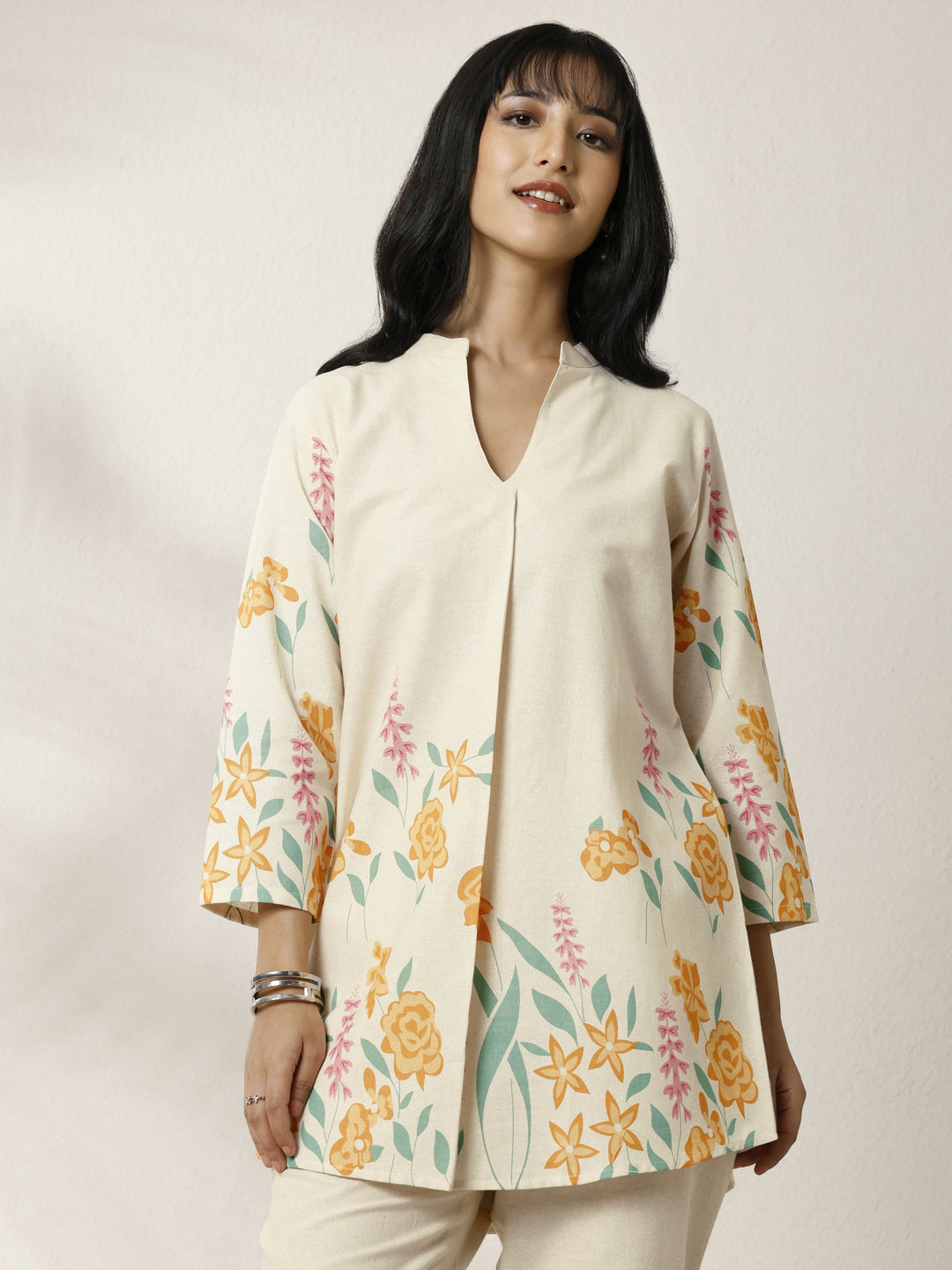 Off White Printed Cotton Blend Co-Ord Set