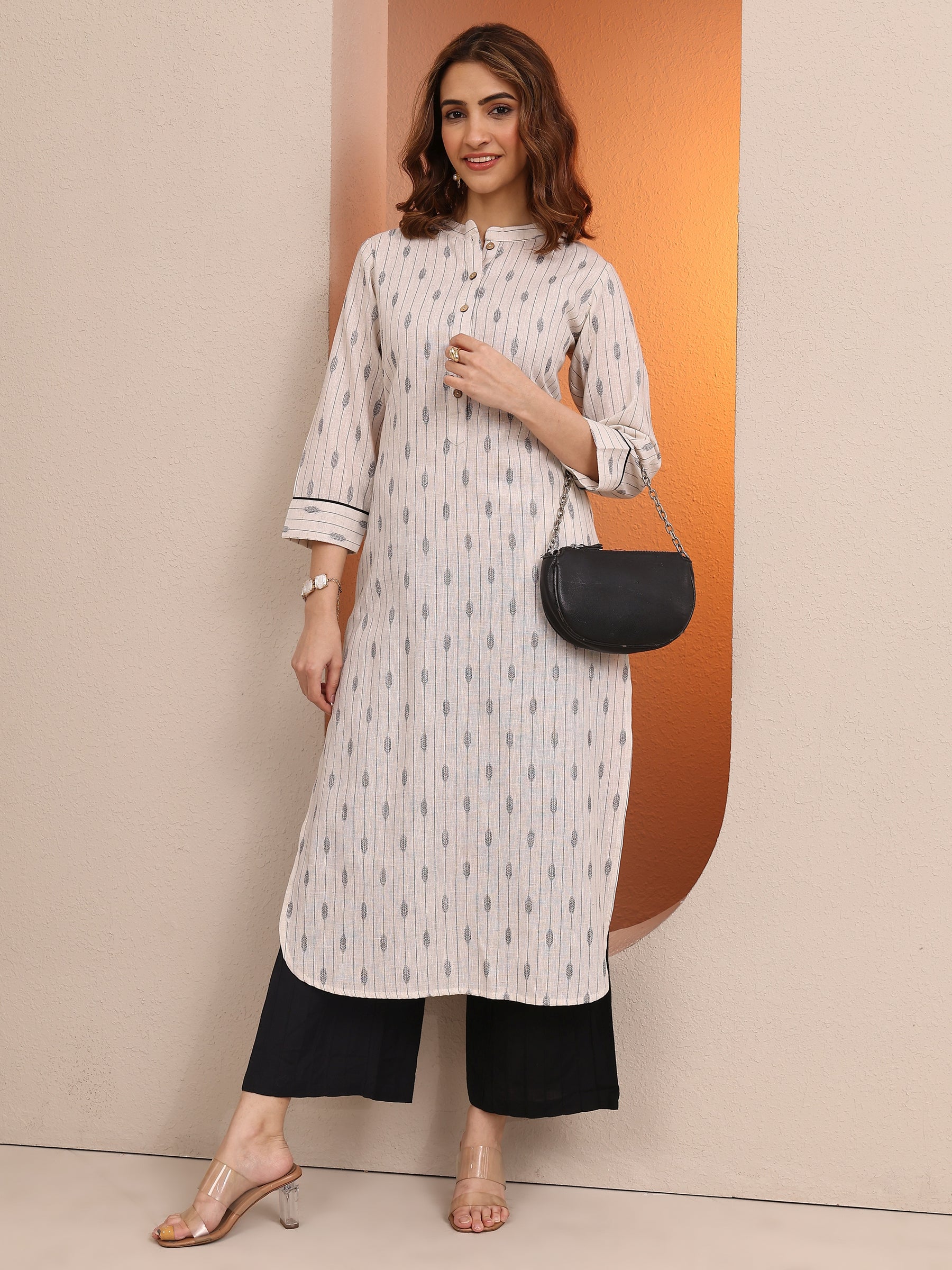 Purple Woven Design Cotton Straight Kurta