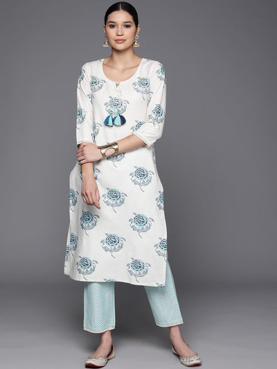 Off White Printed Cotton Blend Straight Kurta With Trousers - Libas