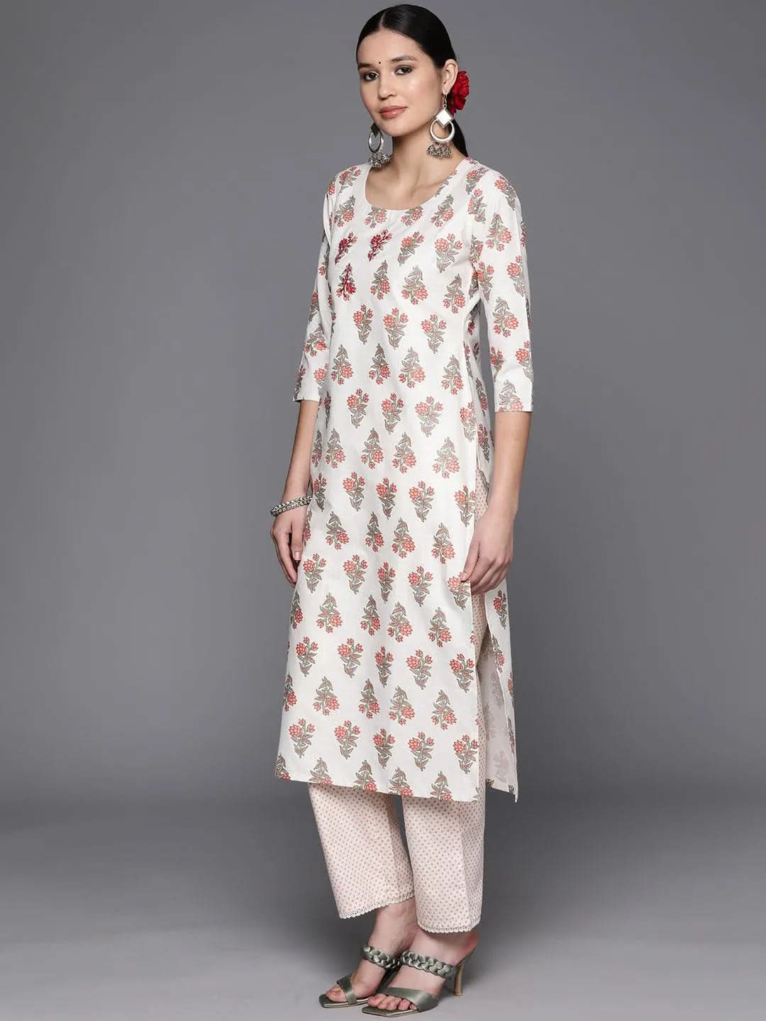 Off White Printed Cotton Blend Straight Kurta With Trousers - Libas 