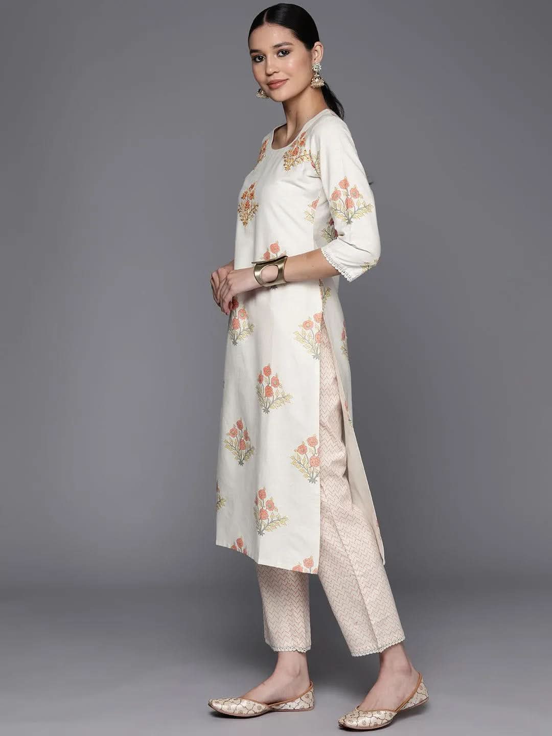 Off White Printed Cotton Blend Straight Kurta With Trousers - Libas 