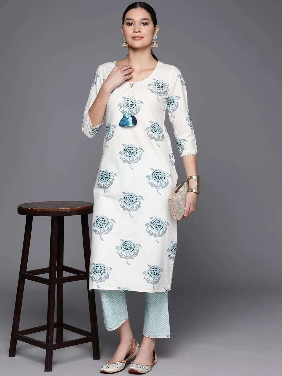 Off White Printed Cotton Blend Straight Kurta With Trousers - Libas 