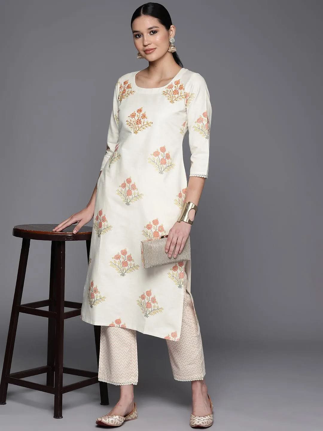 Off White Printed Cotton Blend Straight Kurta With Trousers - Libas 