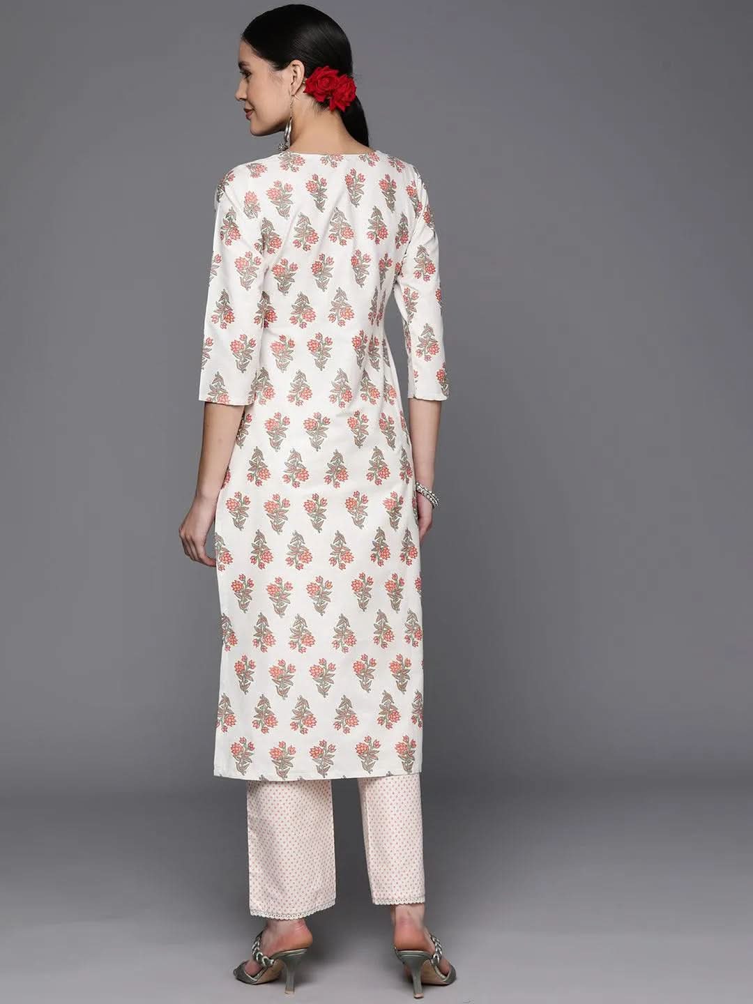 Off White Printed Cotton Blend Straight Kurta With Trousers - Libas 