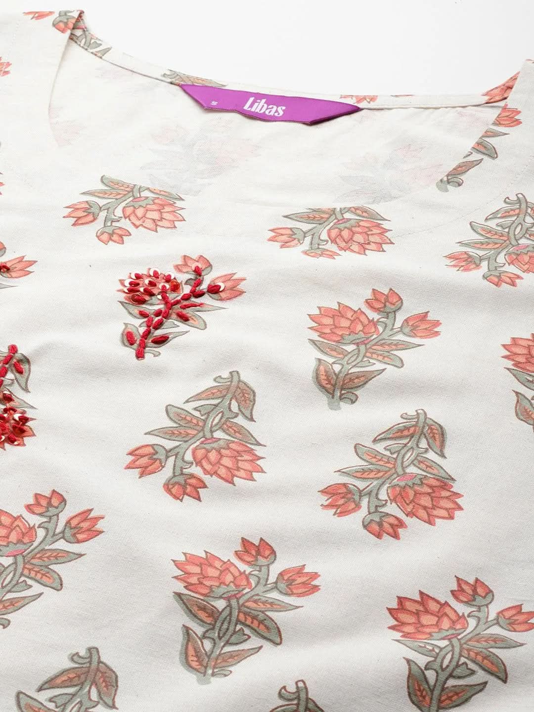 Off White Printed Cotton Blend Straight Kurta With Trousers - Libas 
