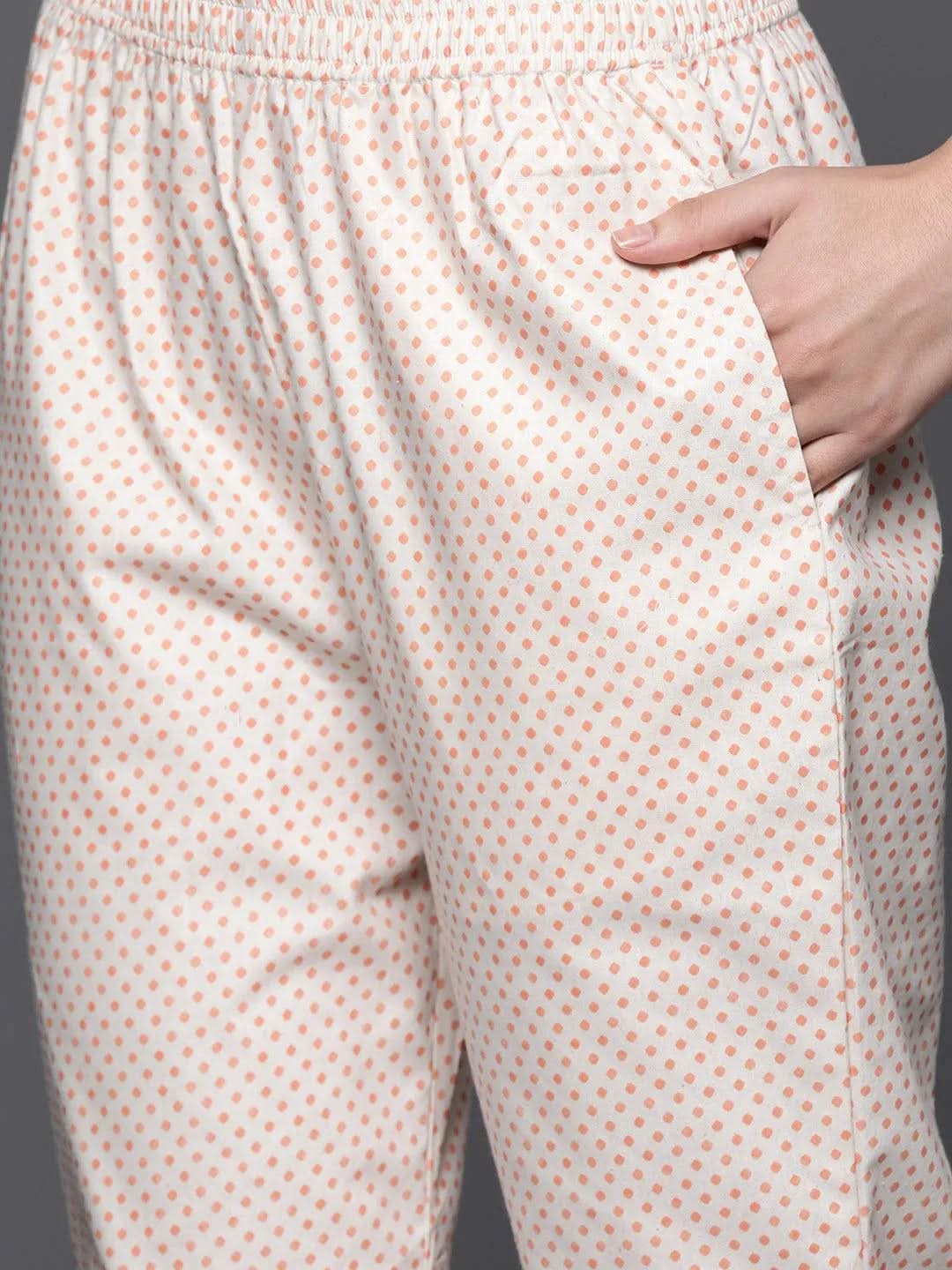 Off White Printed Cotton Blend Straight Kurta With Trousers - Libas 