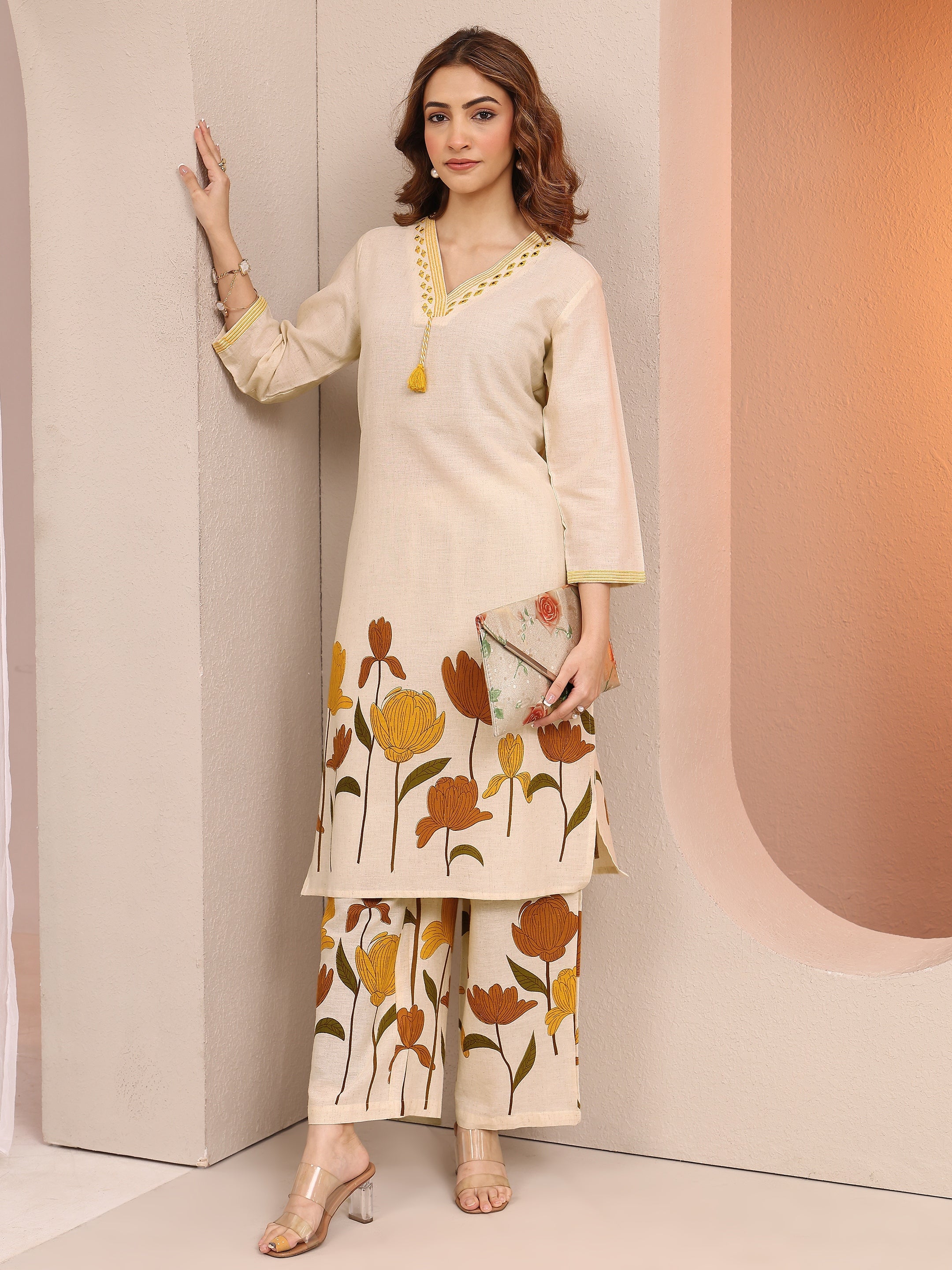 Off White Printed Cotton Co-Ord Sets-image-45