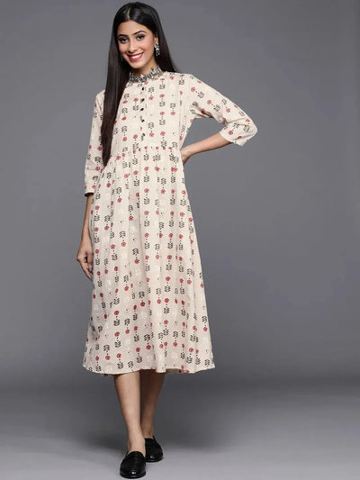 Off White Printed Cotton Dress - Libas