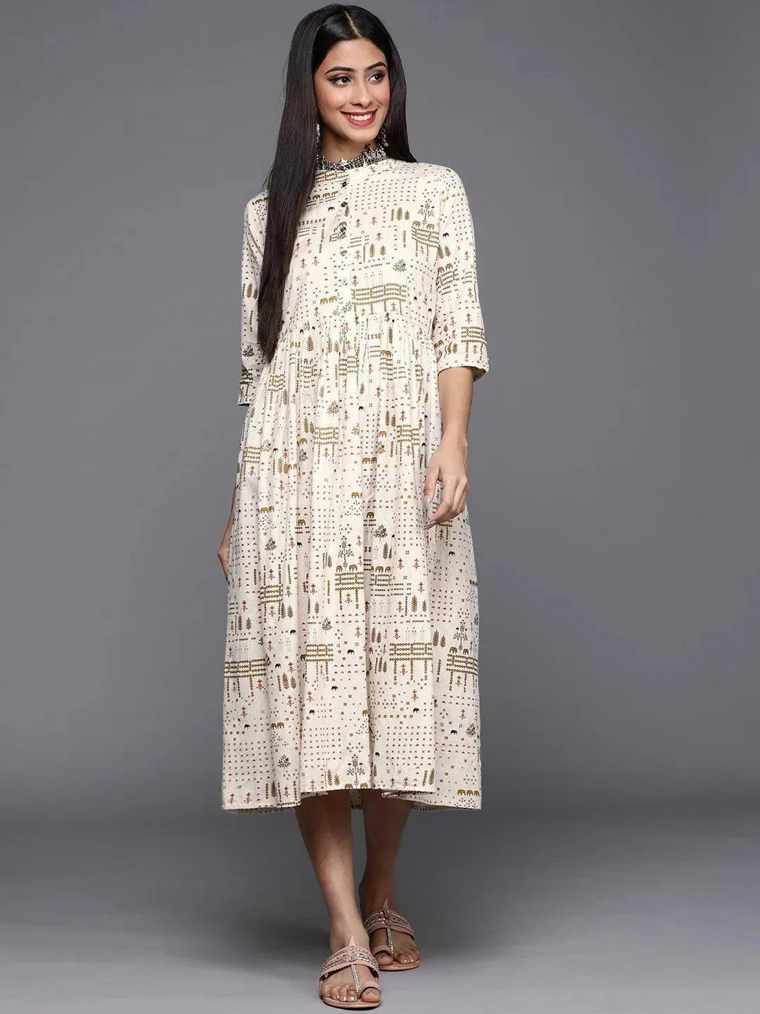 Off White Printed Cotton Dress - Libas