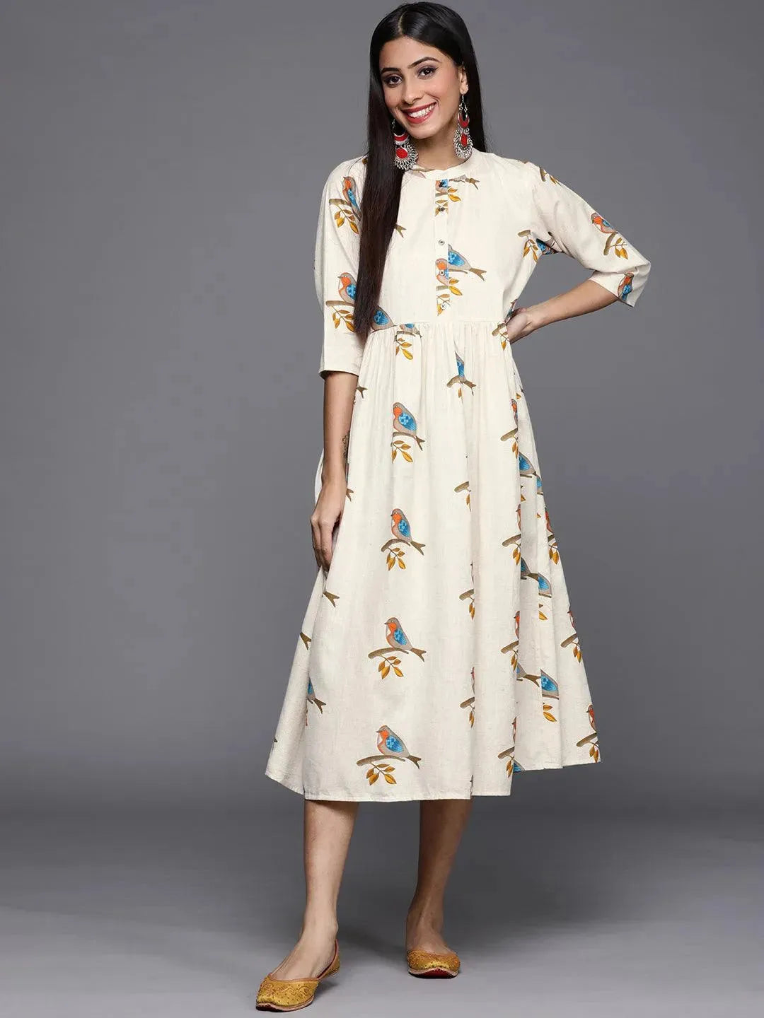 Off White Printed Cotton Dress - Libas