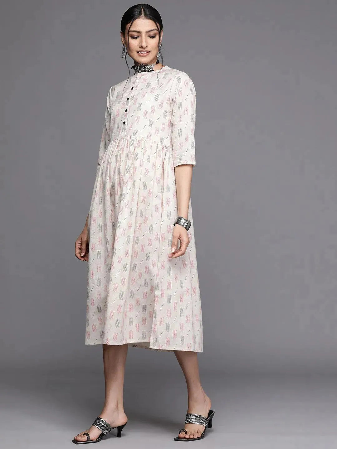 Off White Printed Cotton Dress - Libas