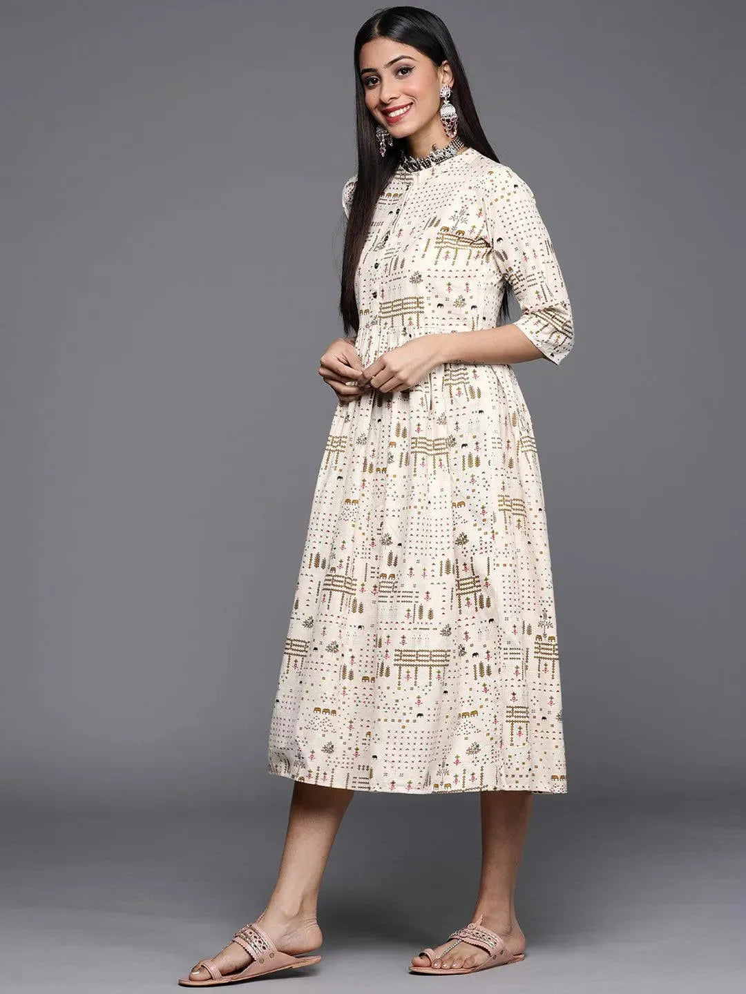 Off White Printed Cotton Dress - Libas 
