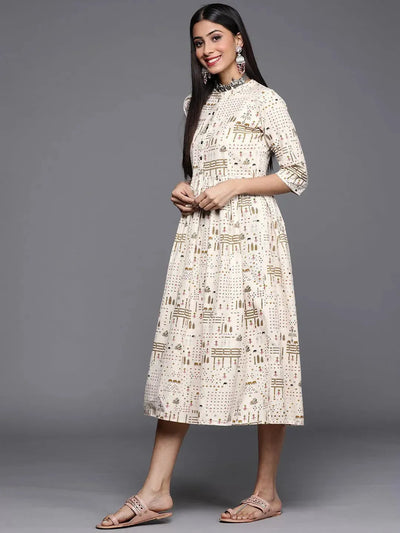 Off White Printed Cotton Dress - Libas