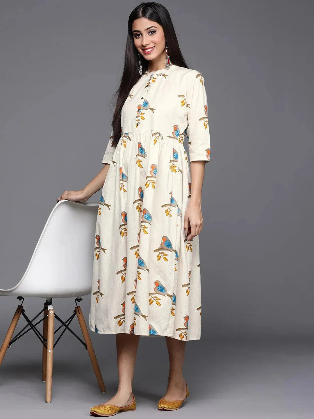Off White Printed Cotton Dress - Libas 