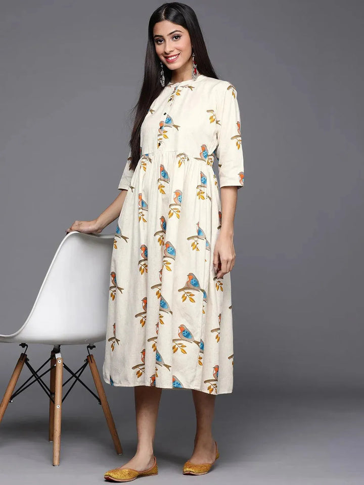 Off White Printed Cotton Dress - Libas