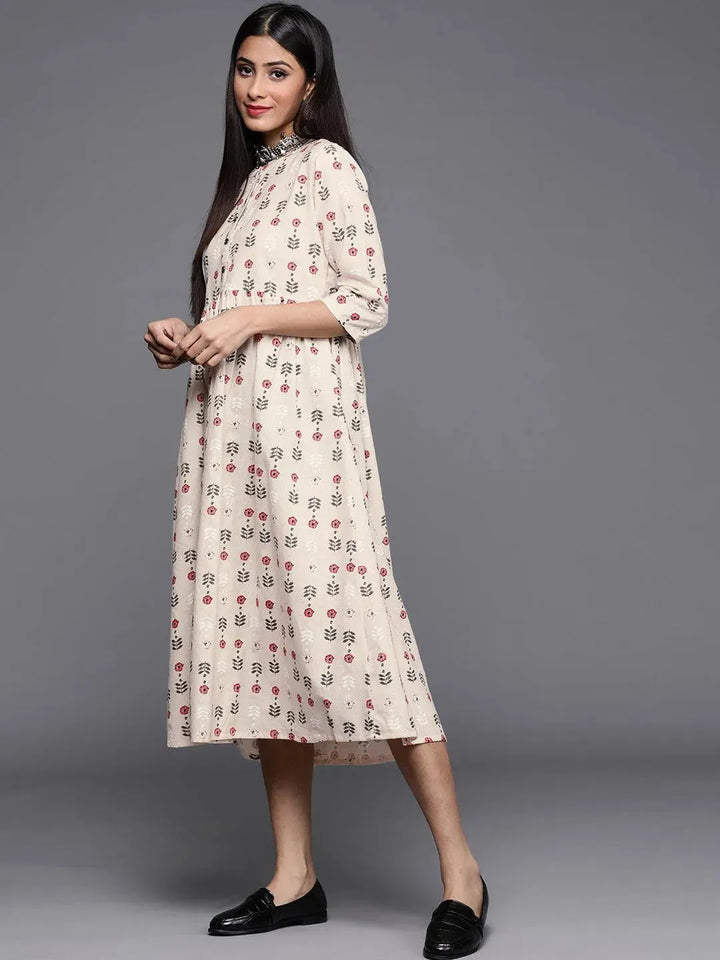 Off White Printed Cotton Dress - Libas