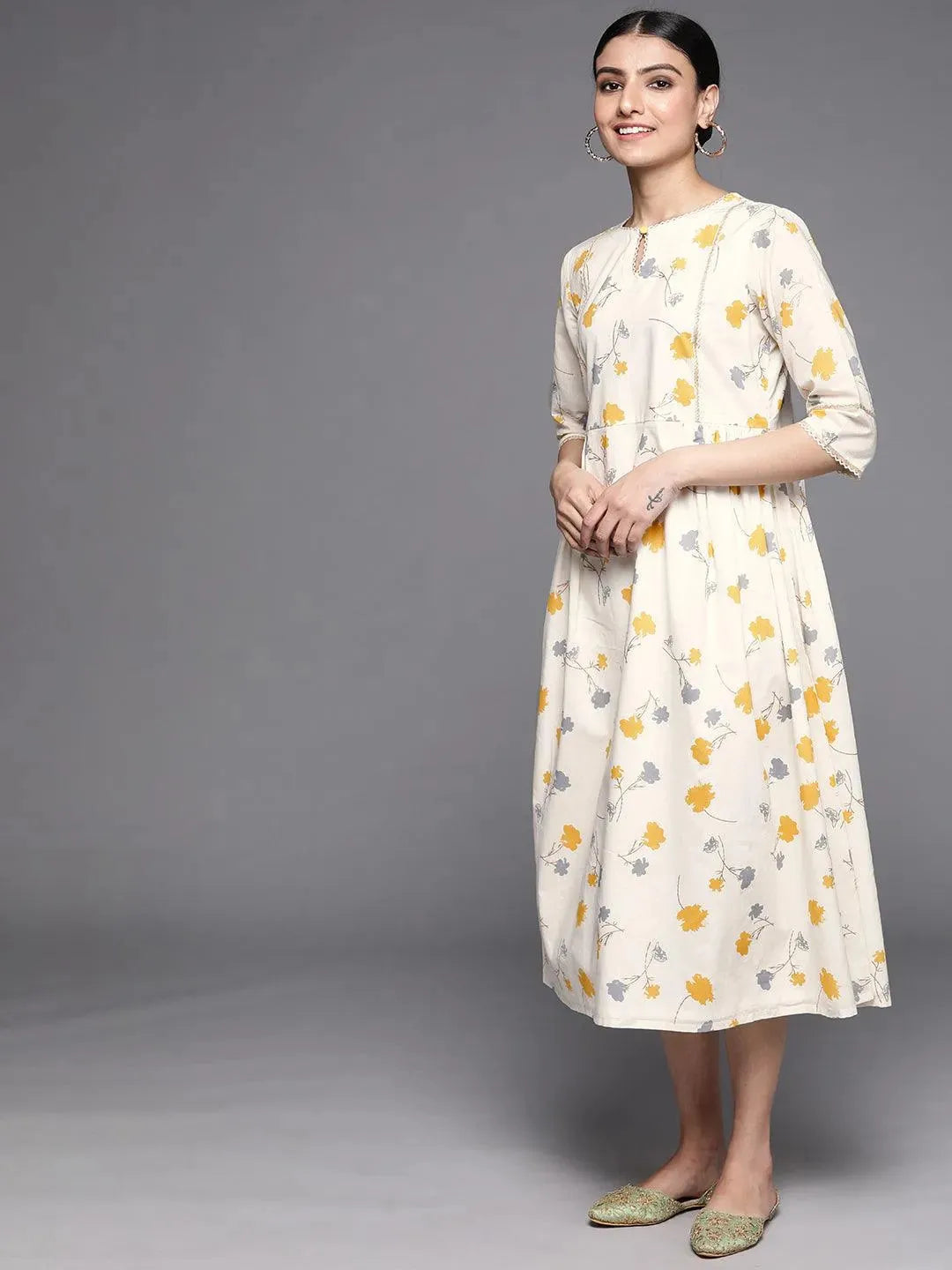 Off White Printed Cotton Dress - Libas