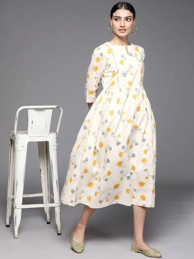 Off White Printed Cotton Dress - Libas