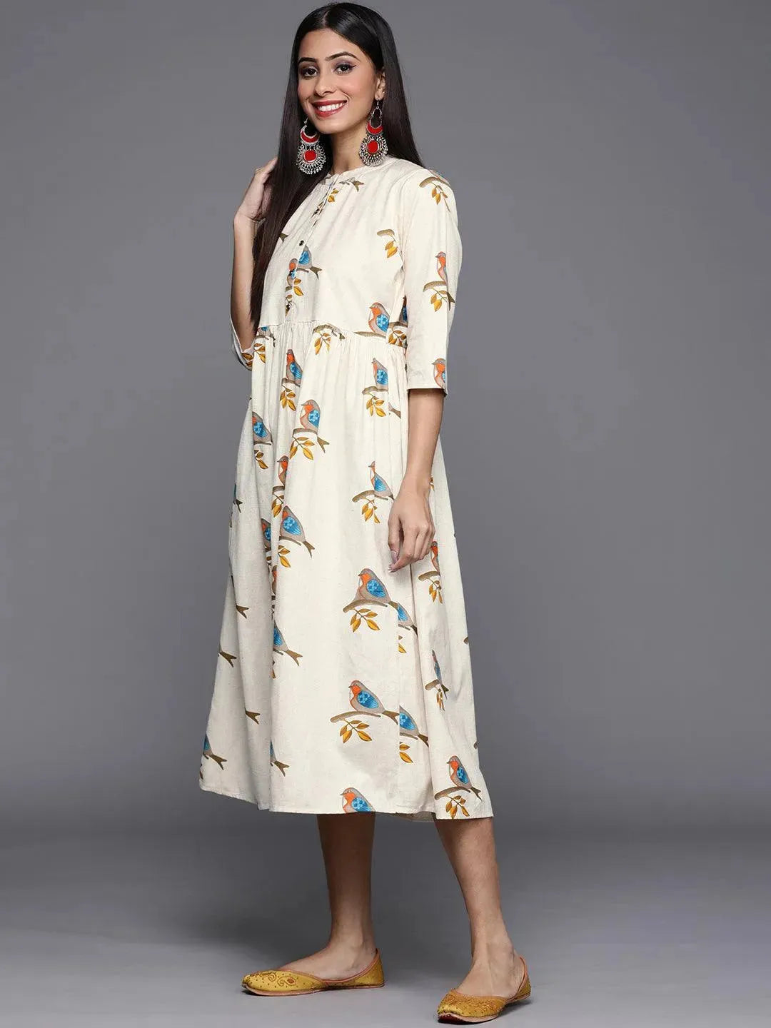 Off White Printed Cotton Dress - Libas