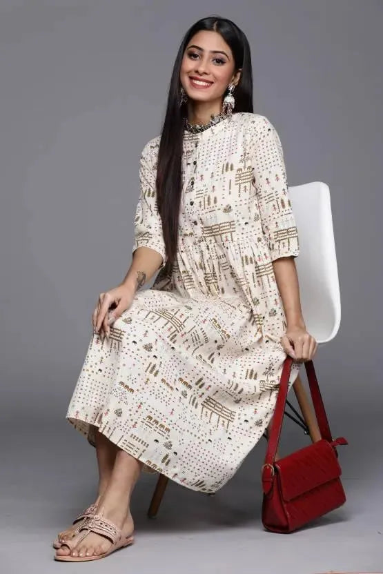 Off White Printed Cotton Dress - Libas 
