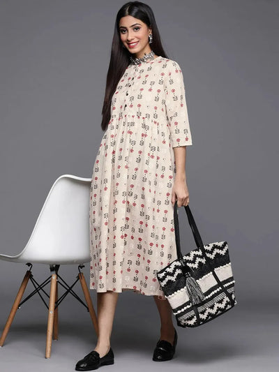 Off White Printed Cotton Dress - Libas