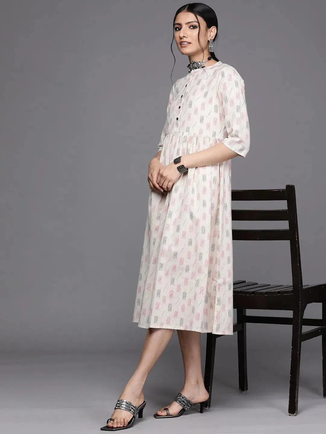 Off White Printed Cotton Dress - Libas