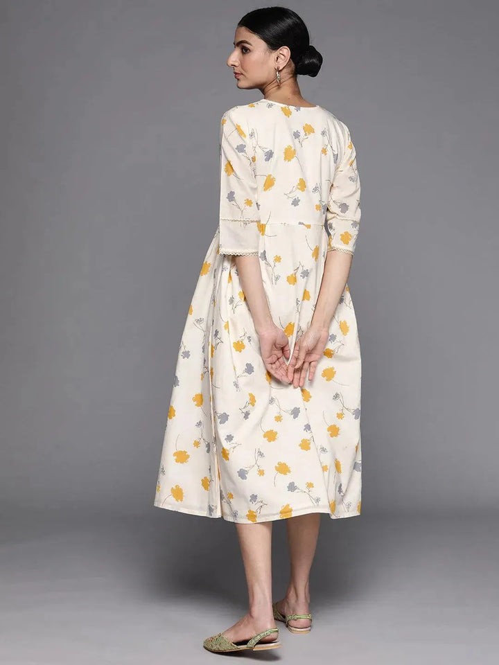 Off White Printed Cotton Dress - Libas