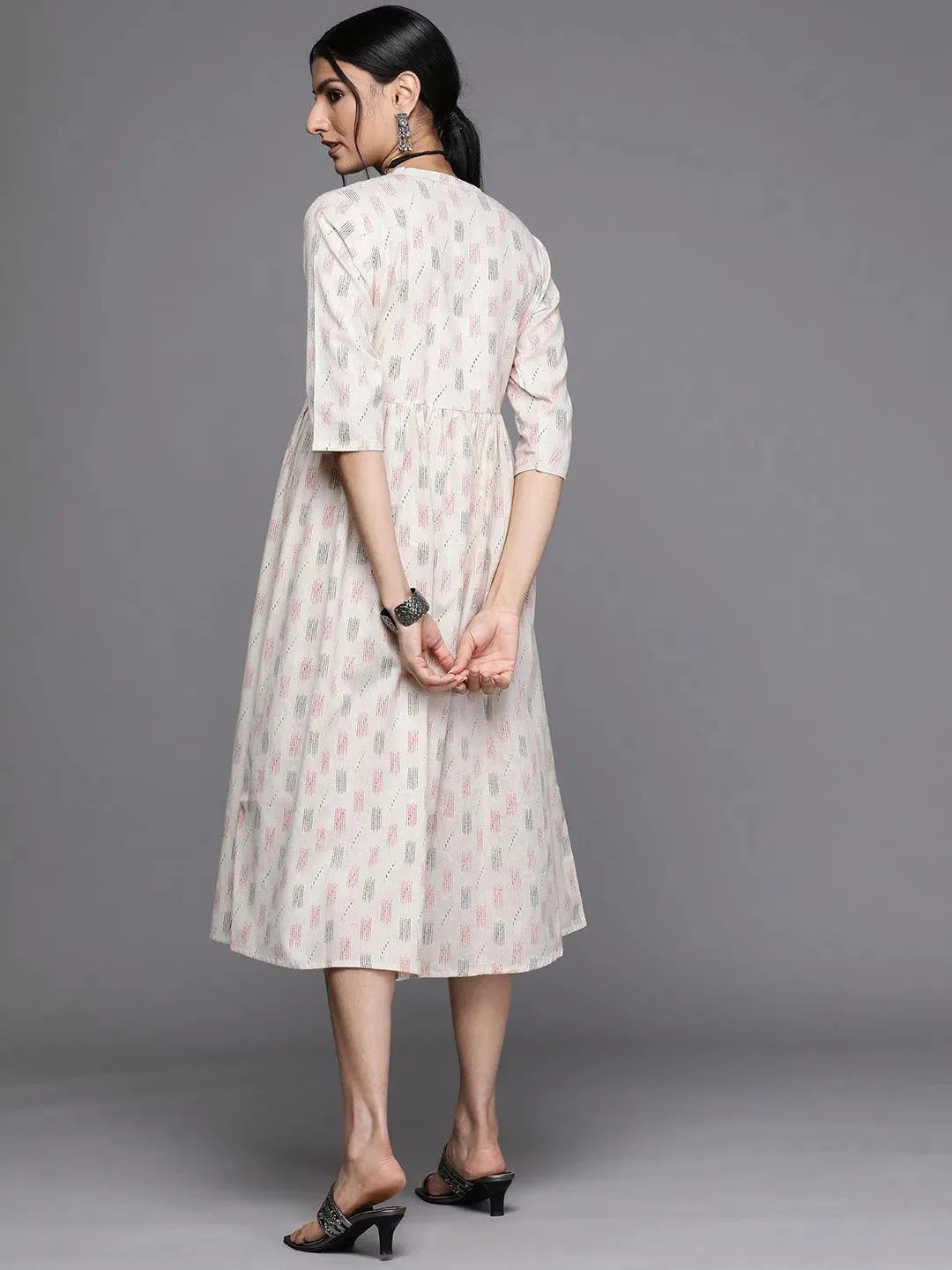 Off White Printed Cotton Dress - Libas