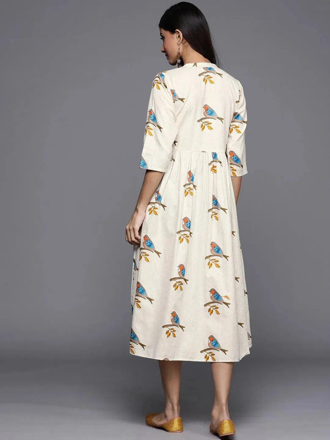 Off White Printed Cotton Dress - Libas