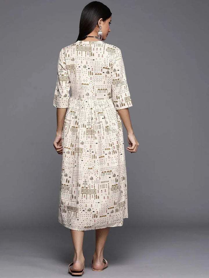 Off White Printed Cotton Dress - Libas