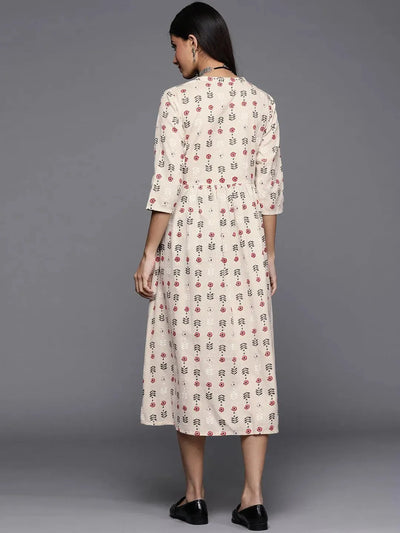 Off White Printed Cotton Dress - Libas