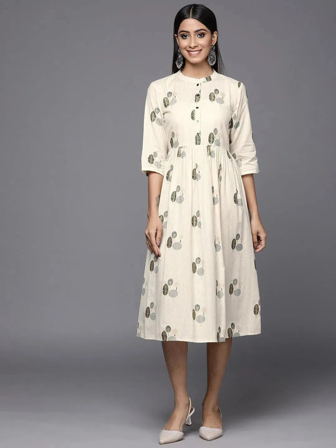 Off White Printed Cotton Fit and Flare Dress - Libas