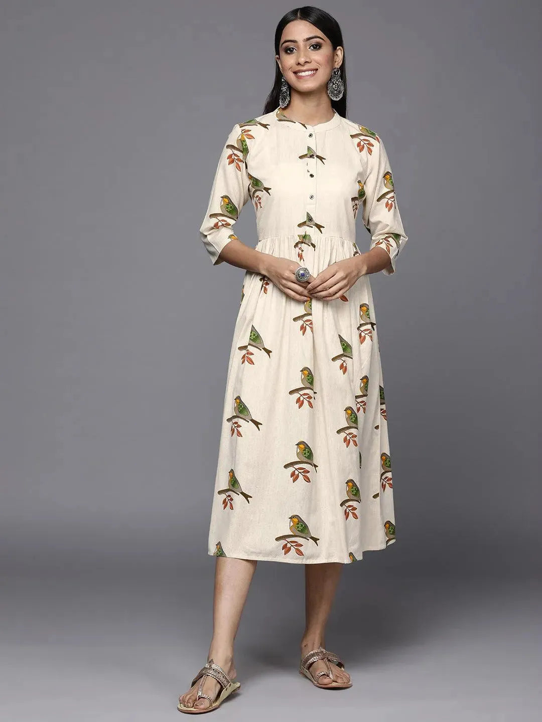 Off White Printed Cotton Fit and Flare Dress - Libas