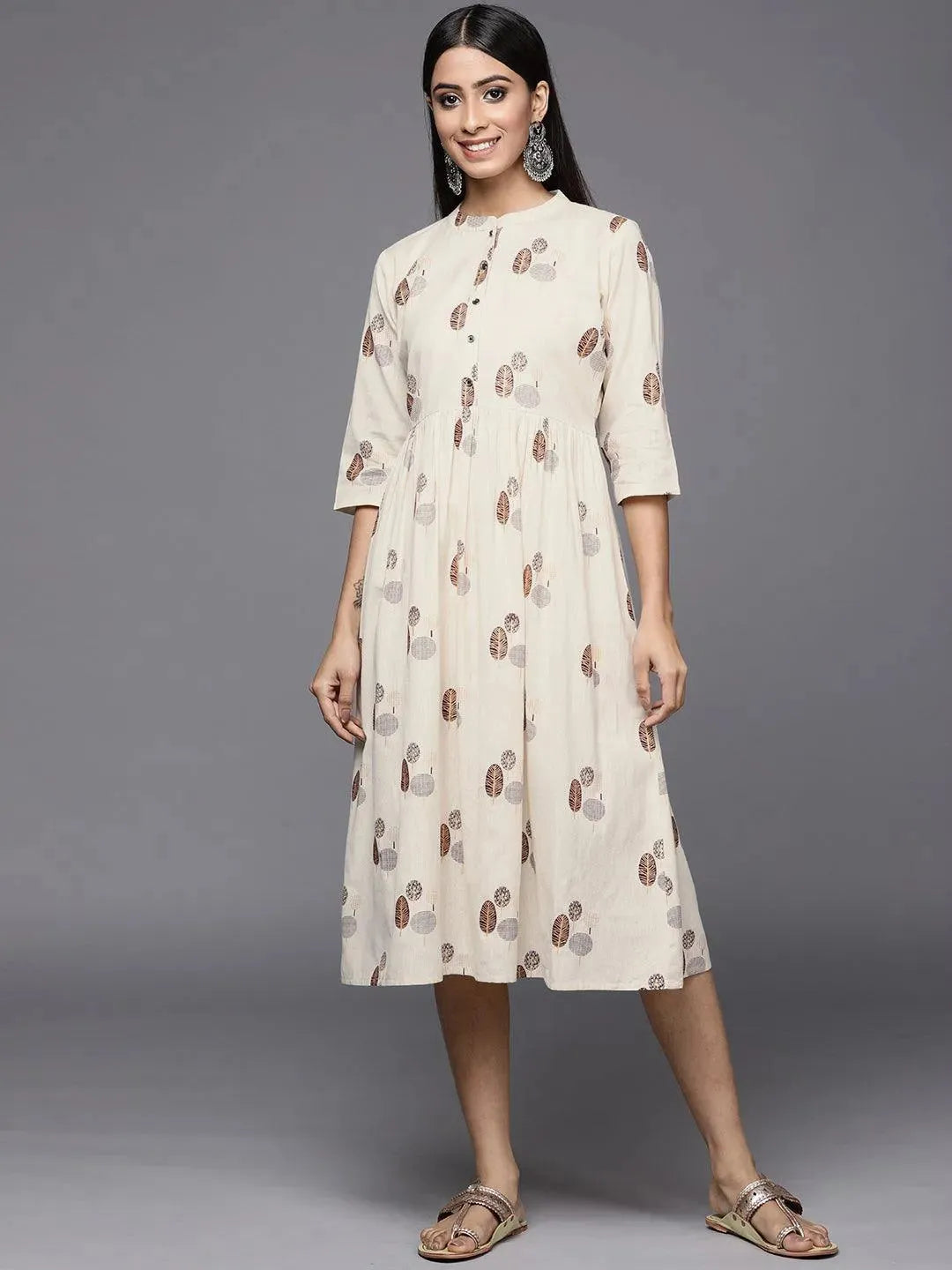 Off White Printed Cotton Fit and Flare Dress - Libas