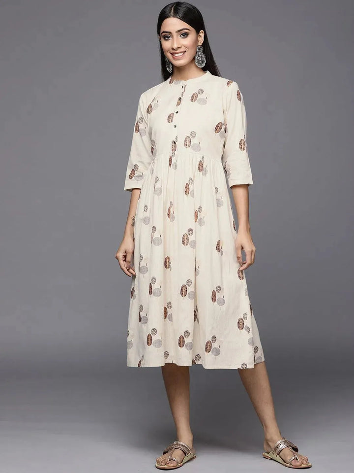 Off White Printed Cotton Fit and Flare Dress - Libas