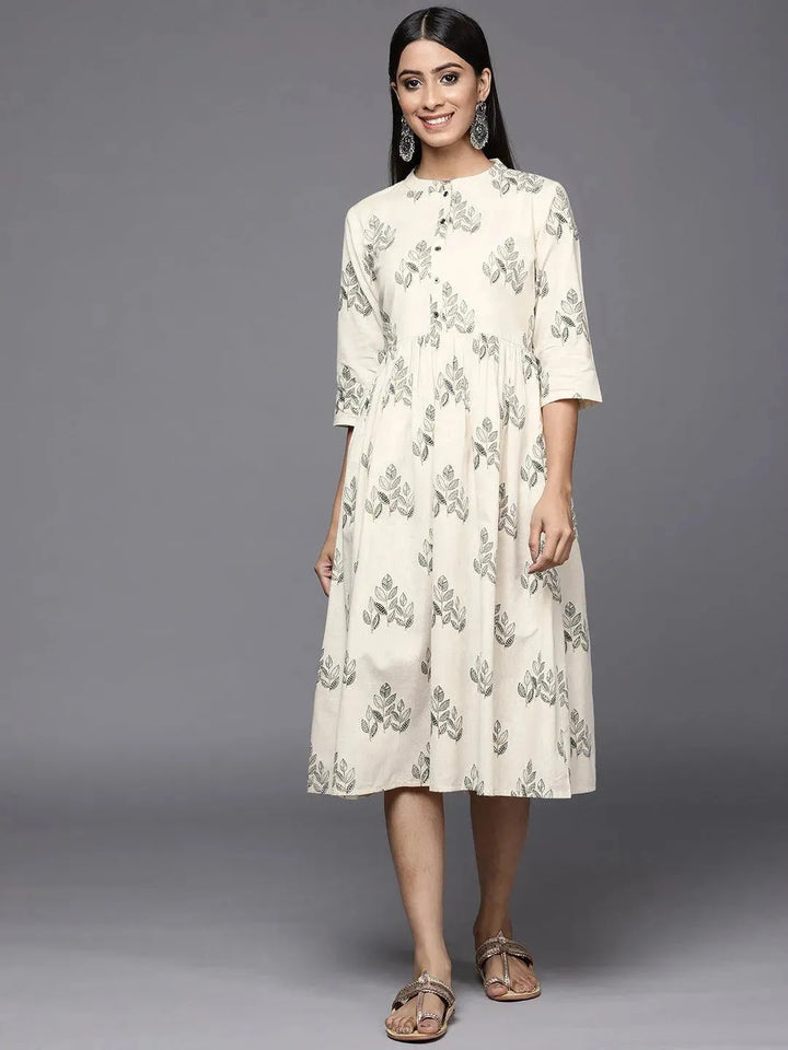 Off White Printed Cotton Fit and Flare Dress - Libas