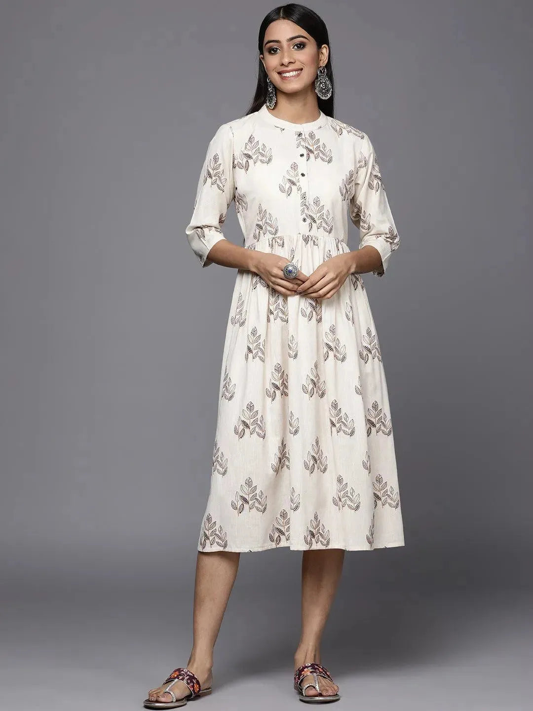 Off White Printed Cotton Fit and Flare Dress - Libas 