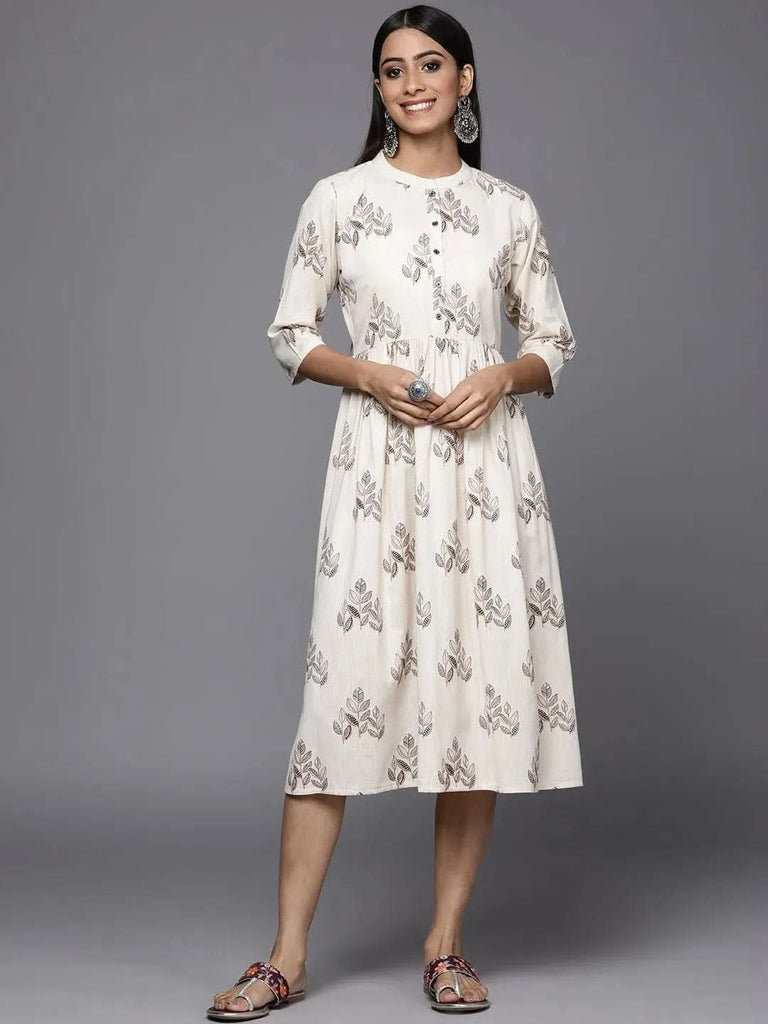 Libas Off White Printed Cotton Fit and Flare Dress